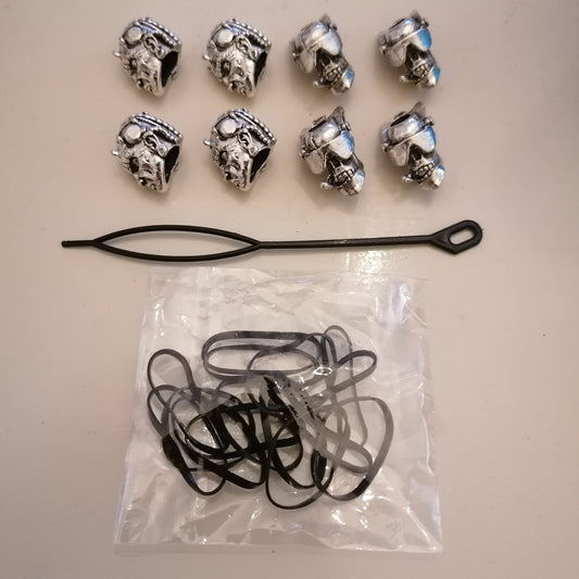 Bartperlen Set, Edelstahl, 2x4 Stück, inkl. 1 Durchzieher, 15 Gummibänder, Perlengröße 22mm, Loch 5mm