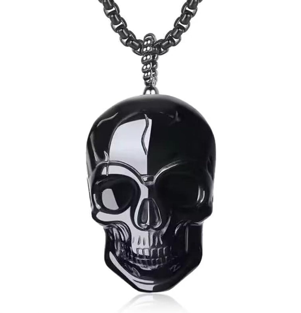 Halskette Totenkopf Obsidian, Edelstahl