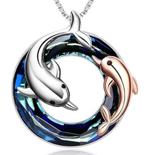 Halskette Delfine, Kristallring blau, Echt Silber