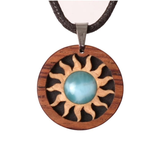 Halskette Sonne, Holz mit Larimar, Echt Silber