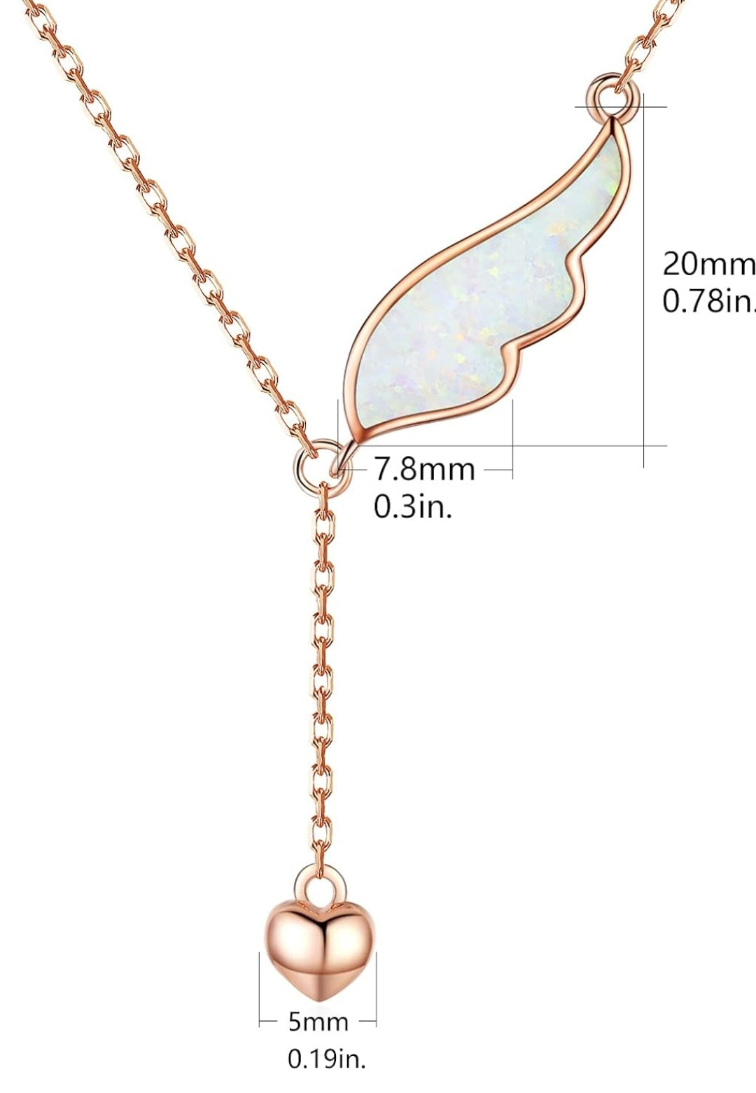 Halskette Flügel Opal mit Anhänger Herz, Echt Silber Rosegold, Kette 45-50cm verstellbar, Flügel 7,8x20mm