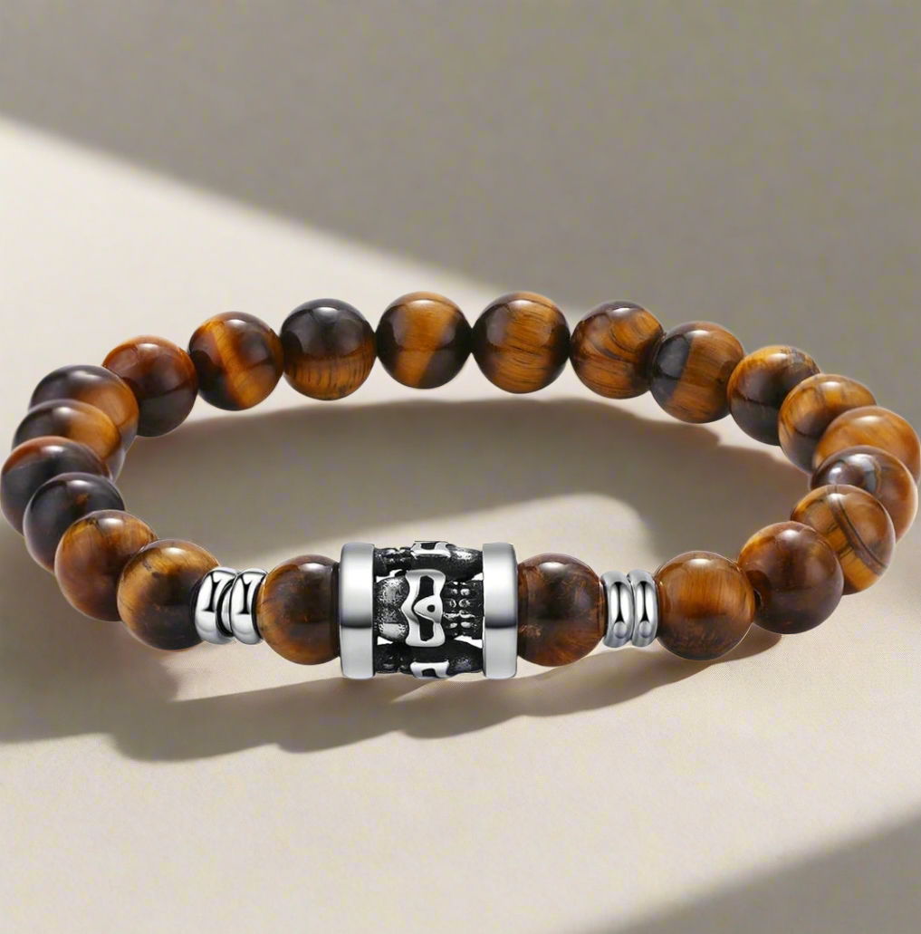 Armband Totenkopf, Tigerauge 8mm, Edelstahl