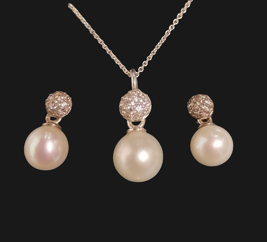 Schmuckset Halskette + Ohrringe, Süßwasserperle, Echt Silber, Zirkonia, Marke Pandora