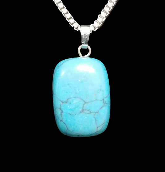 Halskette Howlith blau, kubanische Kette Edelstahl 60cm/2mm, Anhänger 2x1cm