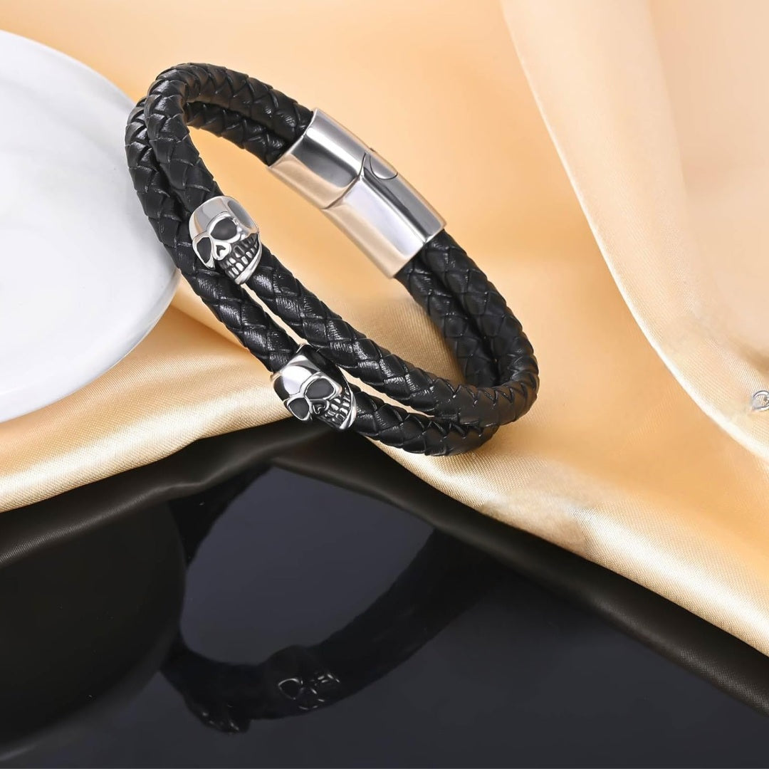 Armband Totenköpfe, Edelstahl, Kunstleder, 21x1,5cm
