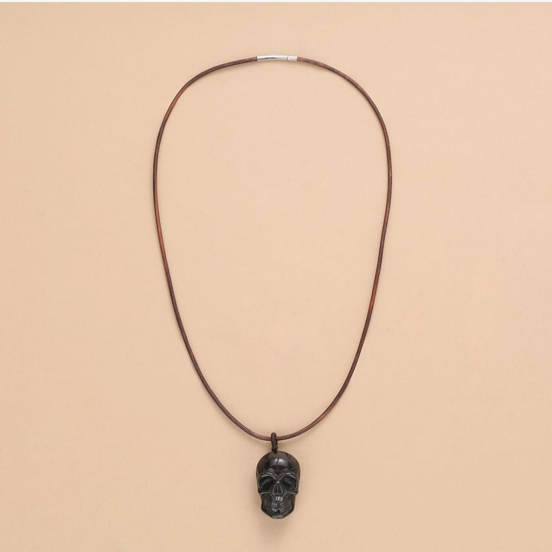 Halskette Totenkopf, Obsidian, Leder, Edelstahlverschluß