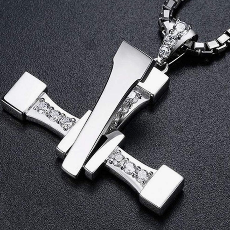 Halskette Kreuz, Edelstahl, Zirkonia, Anhänger 5cm, Kette 60cm