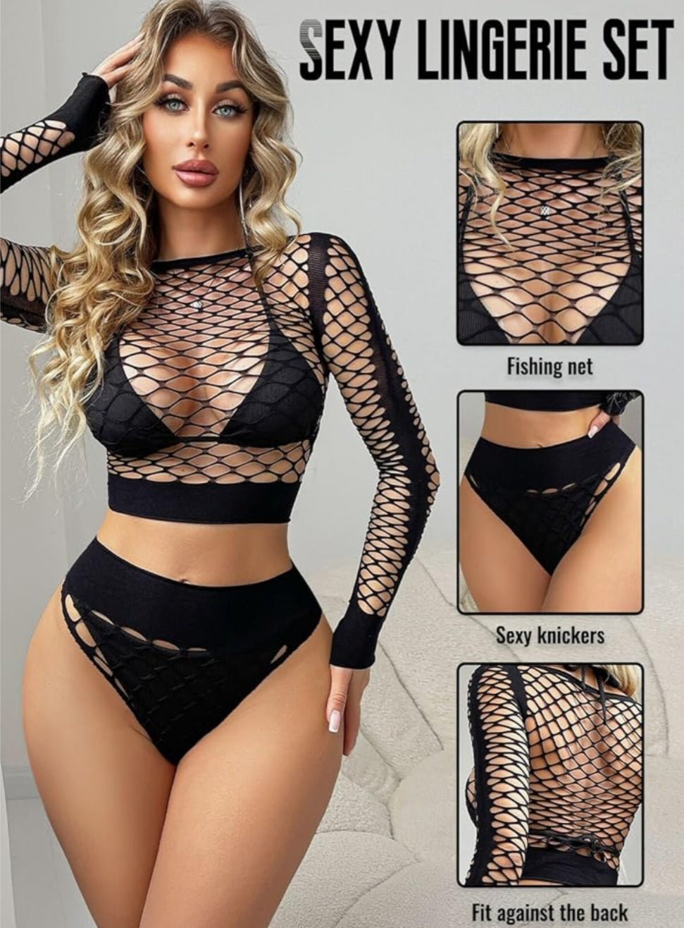 Dessous Set, Fischnetz, Einheitsgröße, 90% Nylon, 10% Spandex