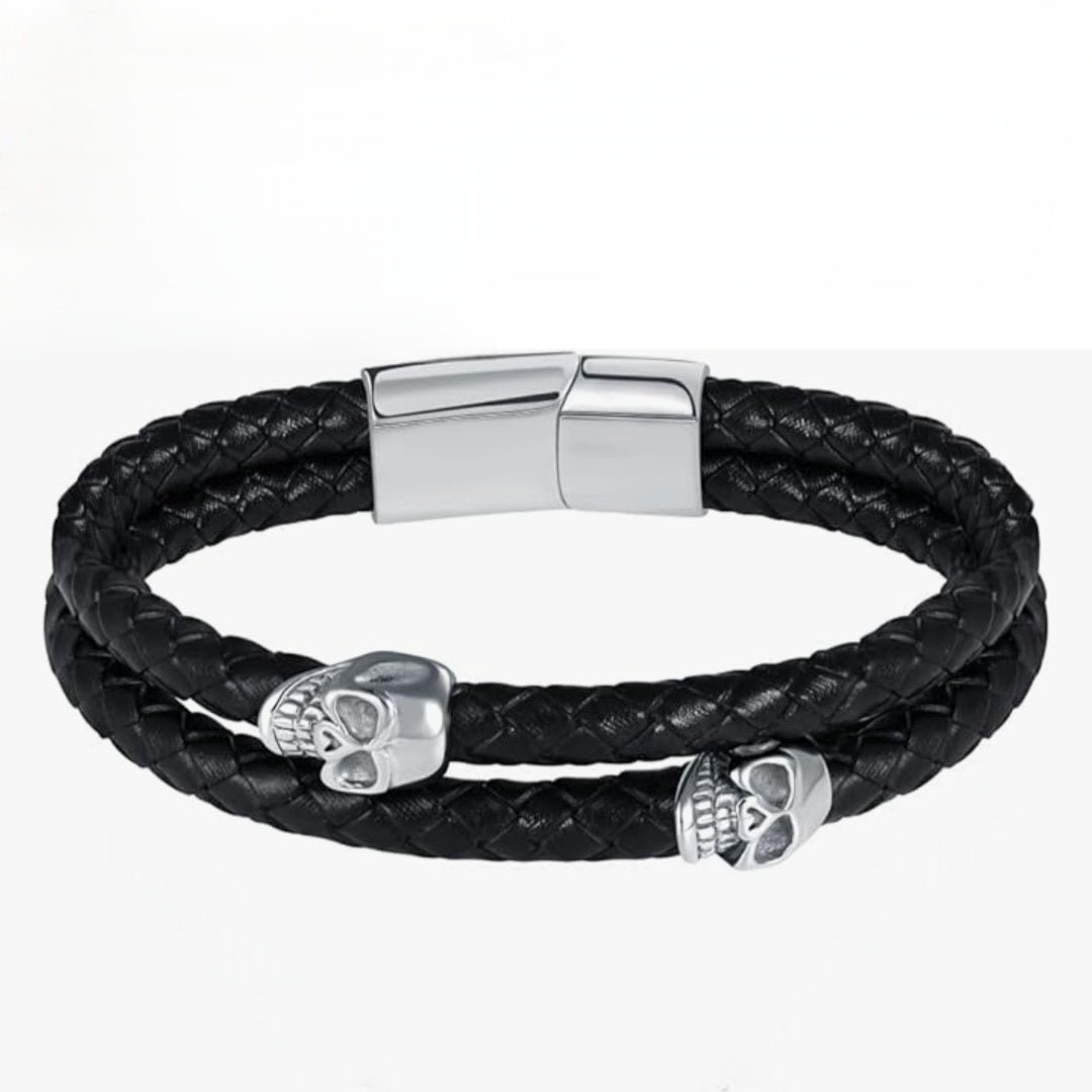 Armband Totenköpfe, Edelstahl, Kunstleder, 21x1,5cm