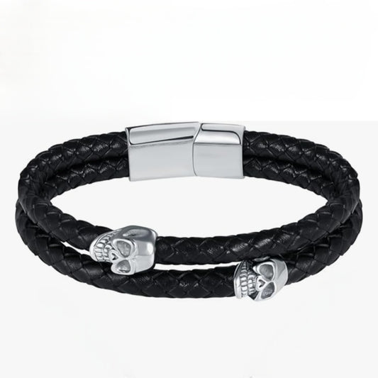 Armband Totenköpfe, Edelstahl, Kunstleder, 21x1,5cm