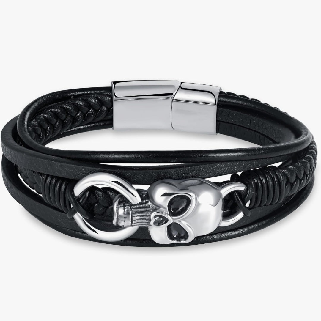 Armband Totenköpfe, Edelstahl, Leder, 21x3cm