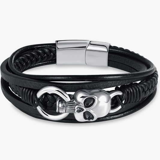 Armband Totenköpfe, Edelstahl, Leder, 21x3cm