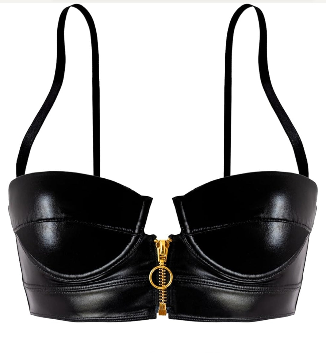 Bustier Kunstleder schwarz mit Reißverschluss, 90% Polyamid, 10% Elasthan