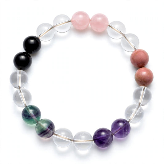 Armband Edelsteine für Schulbeginn (Bergkristall, Rosenquarz, Rhodonit, Amethyst, Fluorit, Schwarzer Turmalin), Kugeln 8mm, doppeltes Gummiband, Armband 17cm