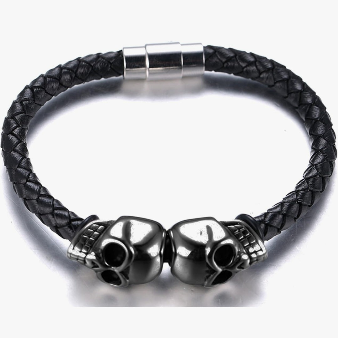 Armband Totenköpfe, Echt Leder, Titan, Magnetverschluss, 21,5x1,2cm