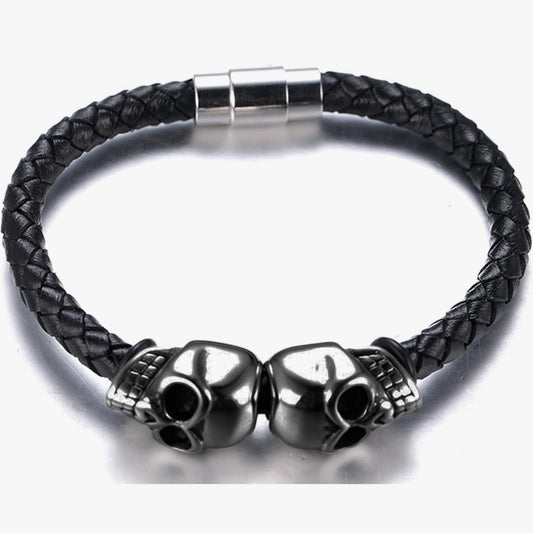 Armband Totenköpfe, Echt Leder, Titan, Magnetverschluss, 21,5x1,2cm