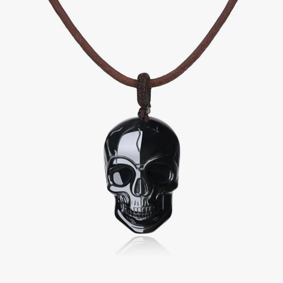 Halskette Totenkopf, Obsidian, Leder, Edelstahlverschluß