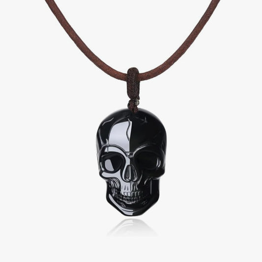 Halskette Totenkopf, Obsidian, Leder, Edelstahlverschluß