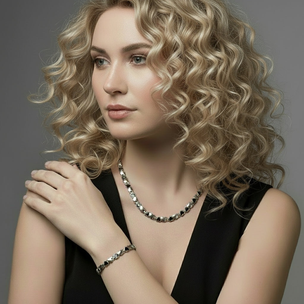 Halskette Collier Herz schwarz/silber, Magnetschmuck 2000 Gauss, Edelstahl