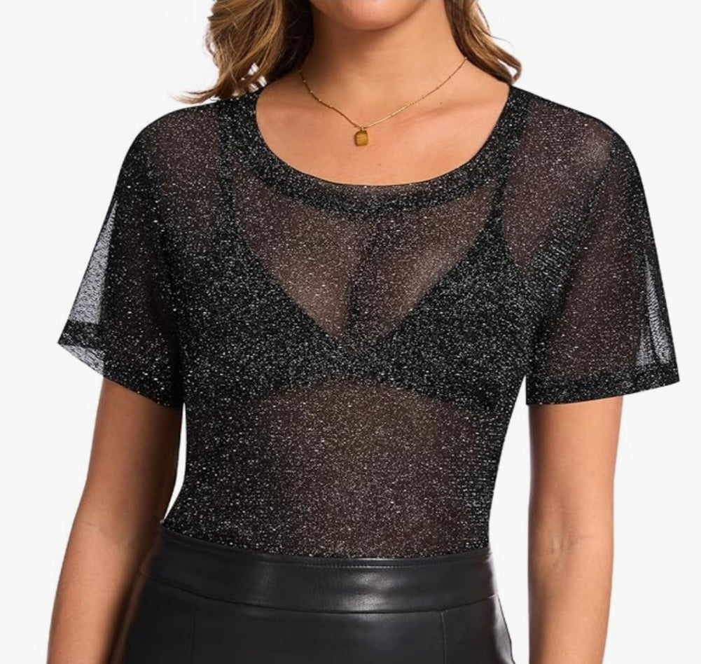 T-Shirt Mesh, Kurzarm, transparent, schwarz, Glitzer, 100% Polyester