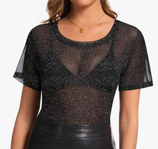 T-Shirt Mesh, Kurzarm, transparent, schwarz, Glitzer, 100% Polyester