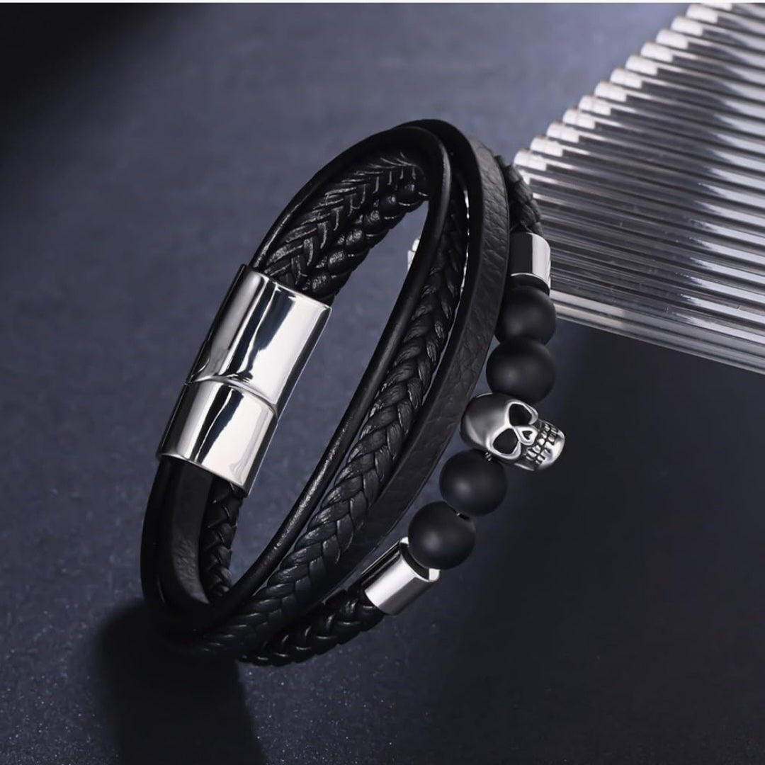 Armband Totenkopf, Leder, Edelstahl, Onyx, 21x2,5cm