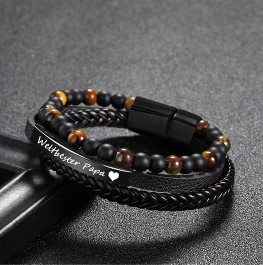 Armband mit Gravur Weltbester Papa, Edelstahl, Echt Leder, Tigerauge, Lava, Magnetschließe