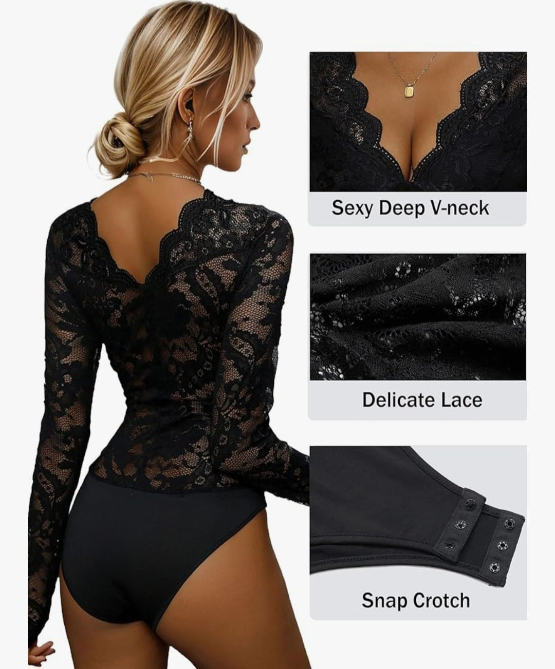 Body mit Spitze, Langarm, V-Ausschnitt, schwarz, 95% Polyester,  5% Elasthan