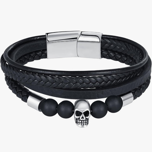 Armband Totenkopf, Leder, Edelstahl, Onyx, 21x2,5cm