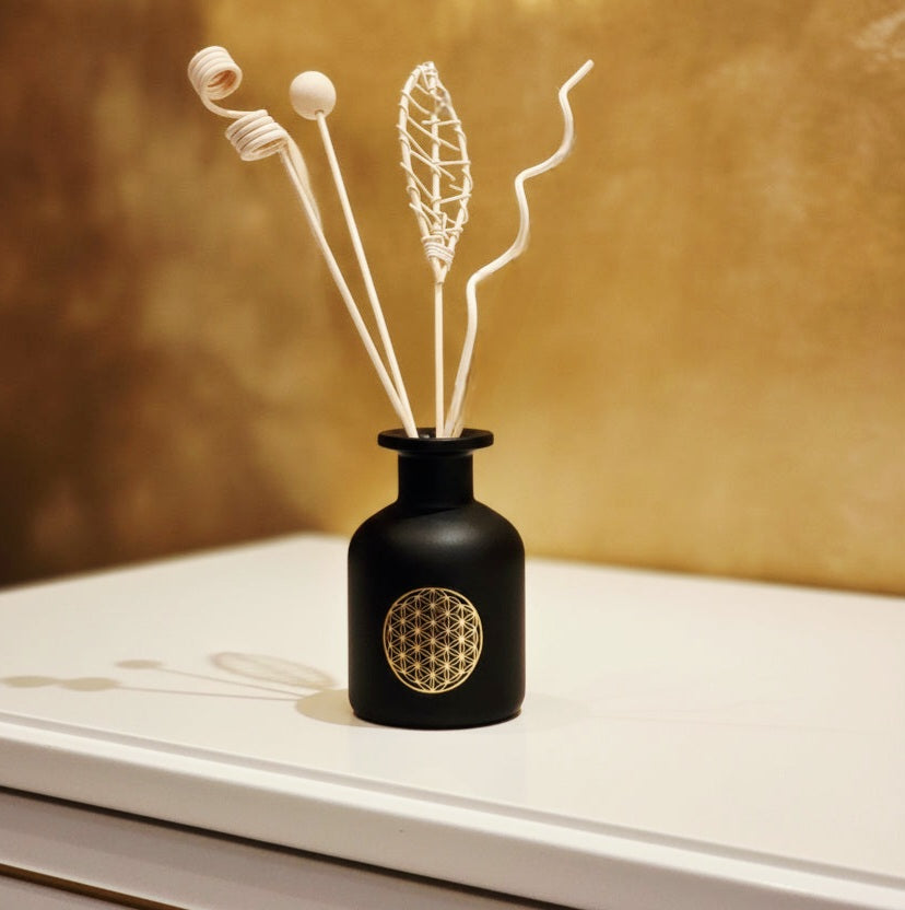 Set Diffuser mit Bambusstäbchen, Flasche schwarzes Mattglas 9,8x6,8cm, 150ml