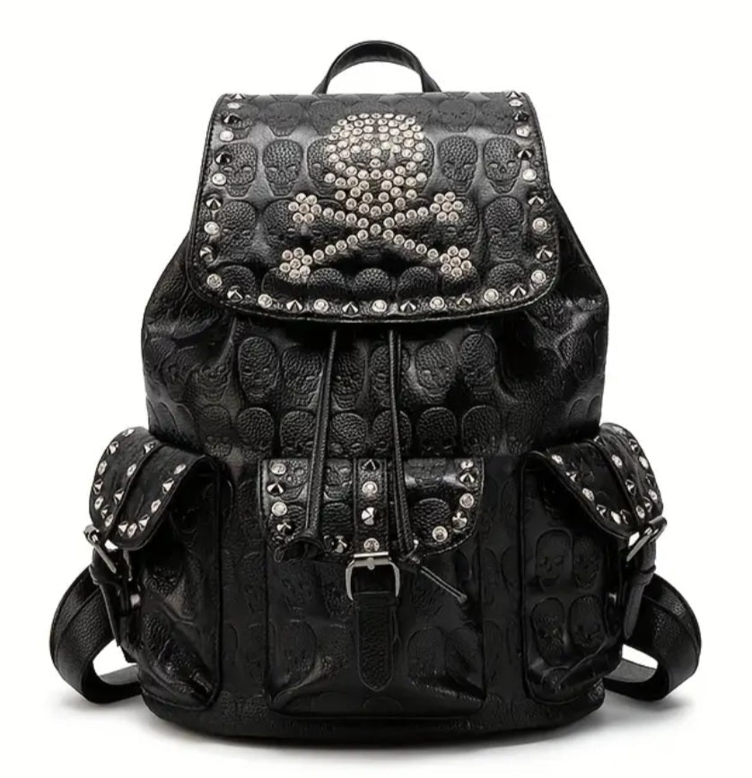 Rucksack Totenkopf, Polyester, Nieten, schwarz, 35x26x16cm