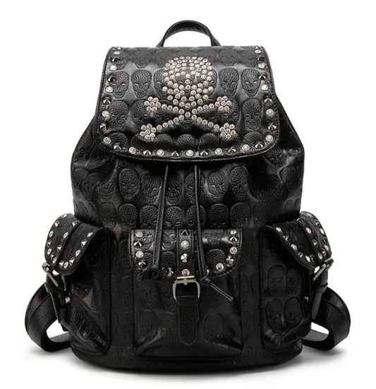 Rucksack Totenkopf, Polyester, Nieten, schwarz, 35x26x16cm