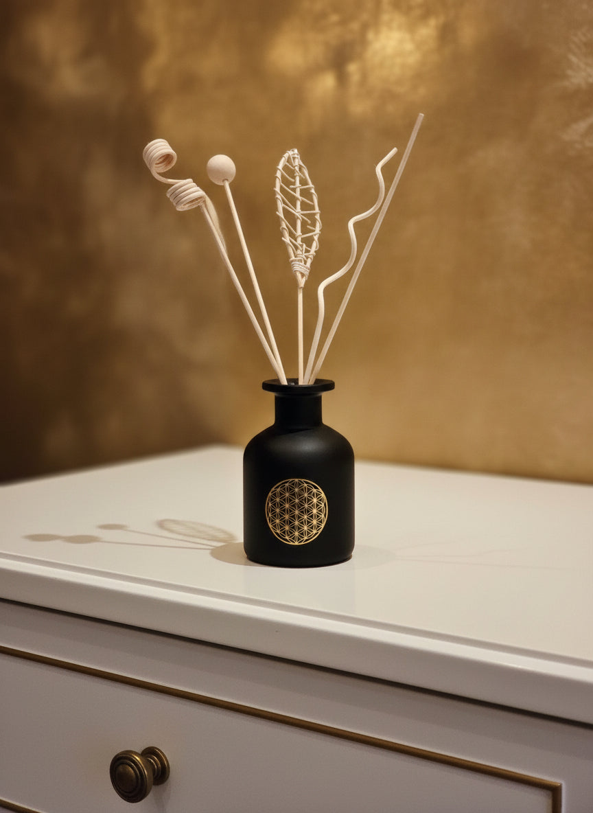 Set Diffuser mit Bambusstäbchen, Flasche schwarzes Mattglas 9,8x6,8cm, 150ml