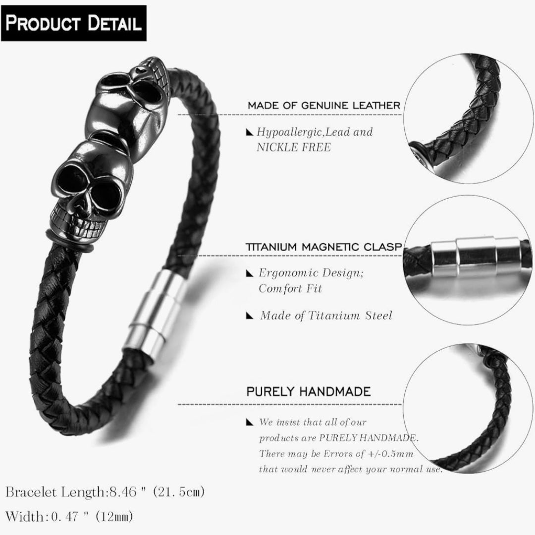 Armband Totenköpfe, Echt Leder, Titan, Magnetverschluss, 21,5x1,2cm