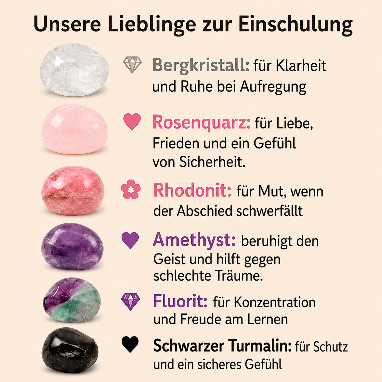 Armband Edelsteine für Schulbeginn (Bergkristall, Rosenquarz, Rhodonit, Amethyst, Fluorit, Schwarzer Turmalin), Kugeln 8mm, doppeltes Gummiband, Armband 17cm