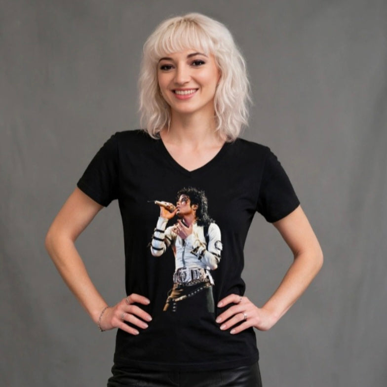 T-Shirt Michael Jackson, Baumwolle, V-Ausschnitt