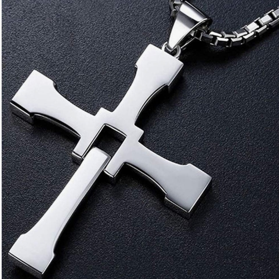 Halskette Kreuz, Edelstahl, Zirkonia, Anhänger 5cm, Kette 60cm