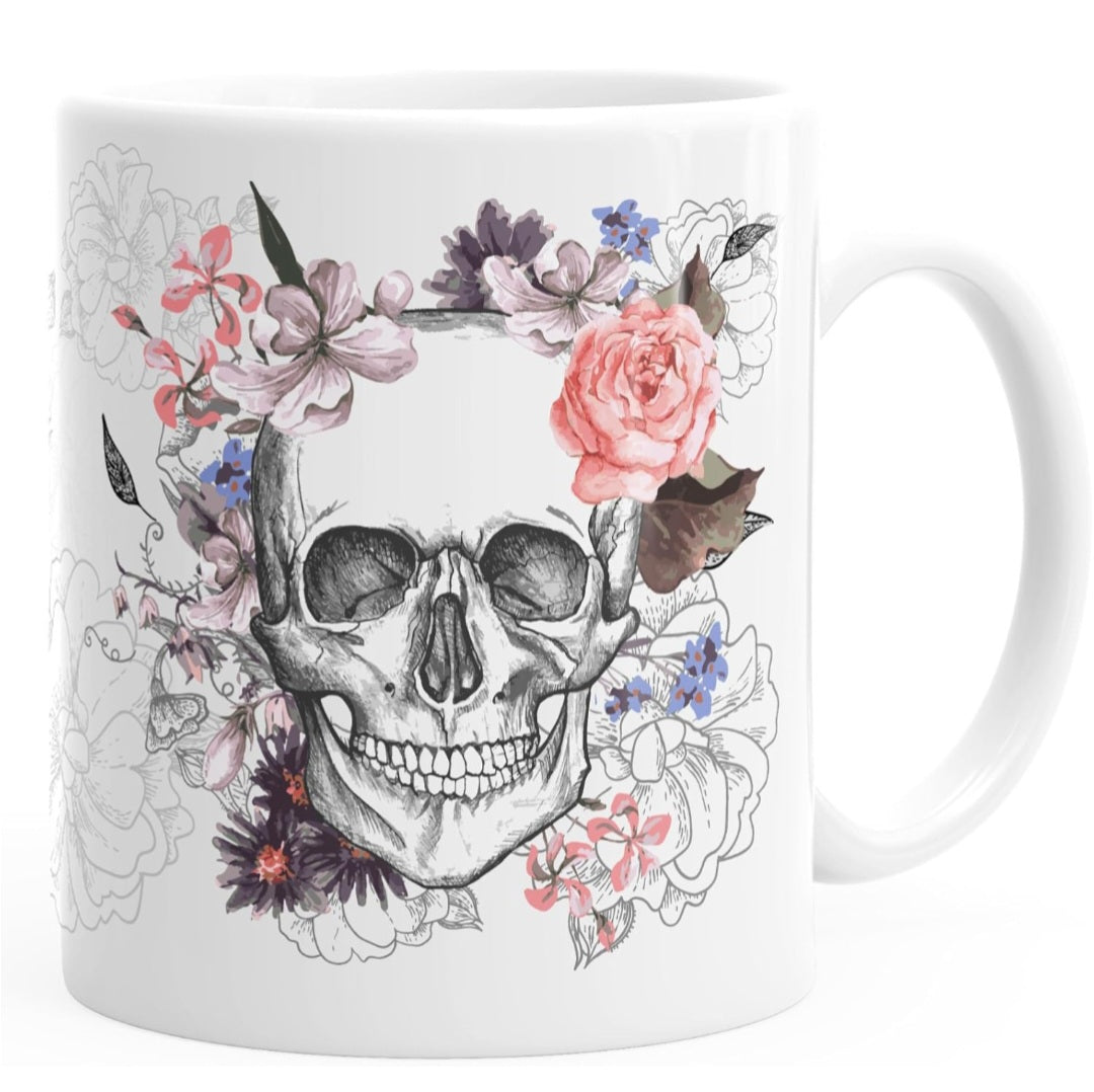 Tasse Totenkopf mit Blumen, Keramik, spülmaschinenfest