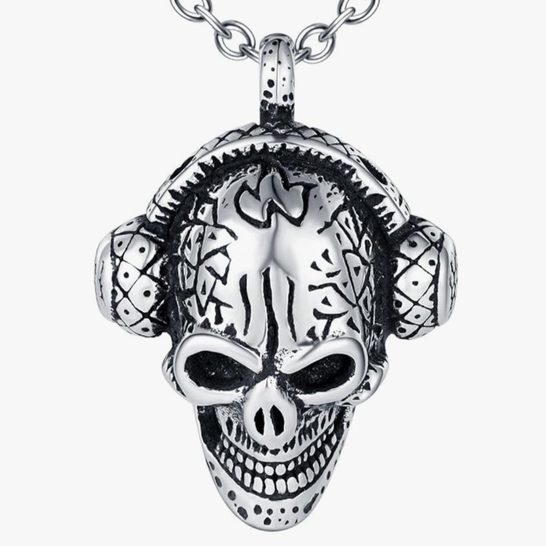 Halskette Totenkopf mit Kopfhörer, Edelstahl, Kette 55cm, Anhänger 4,5x3,4cm