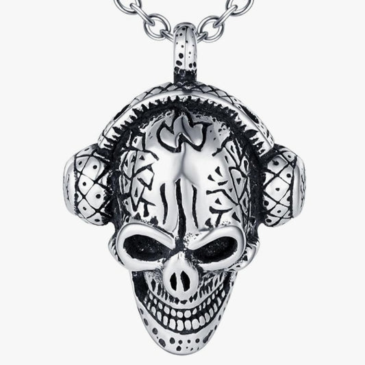Halskette Totenkopf mit Kopfhörer, Edelstahl, Kette 55cm, Anhänger 4,5x3,4cm
