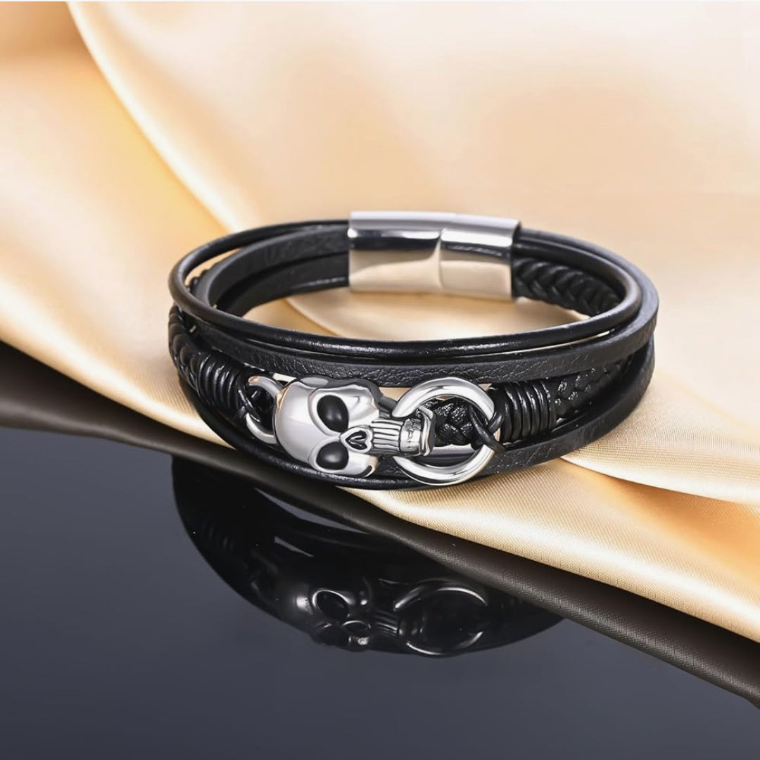 Armband Totenköpfe, Edelstahl, Leder, 21x3cm