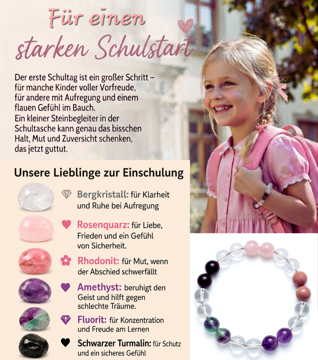 Armband Edelsteine für Schulbeginn (Bergkristall, Rosenquarz, Rhodonit, Amethyst, Fluorit, Schwarzer Turmalin), Kugeln 8mm, doppeltes Gummiband, Armband 17cm