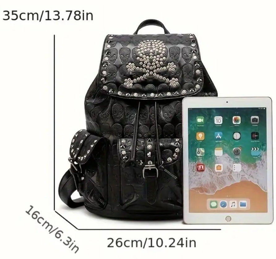 Rucksack Totenkopf, Polyester, Nieten, schwarz, 35x26x16cm