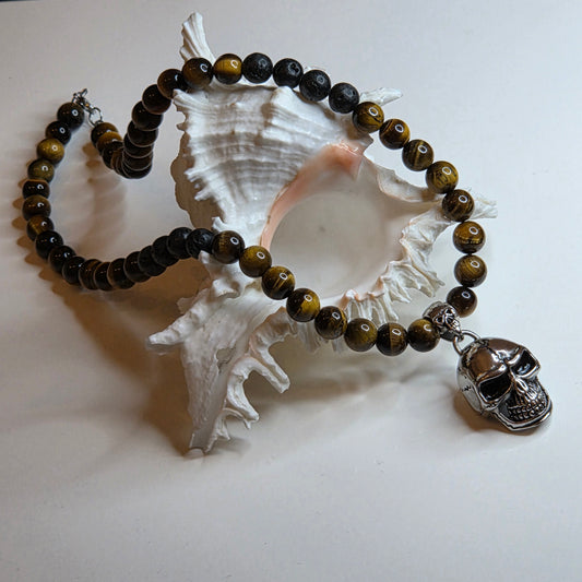 Halskette Totenkopf, Tigerauge, Lava, Anhänger und Verschluss Edelstahl