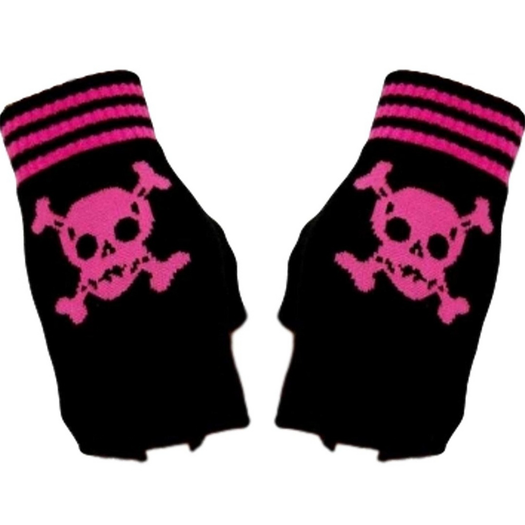 Handschuhe Fingerlos Totenkopf schwarz/pink