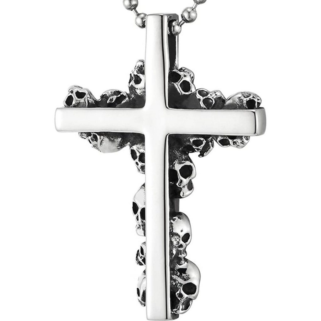 Halskette Kreuz mit Totenköpfe Edelstahl, Kugelkette 60cm