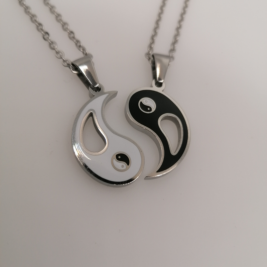 Halsketten-Set Yin Yang Edelstahl silber schwarz/weiß