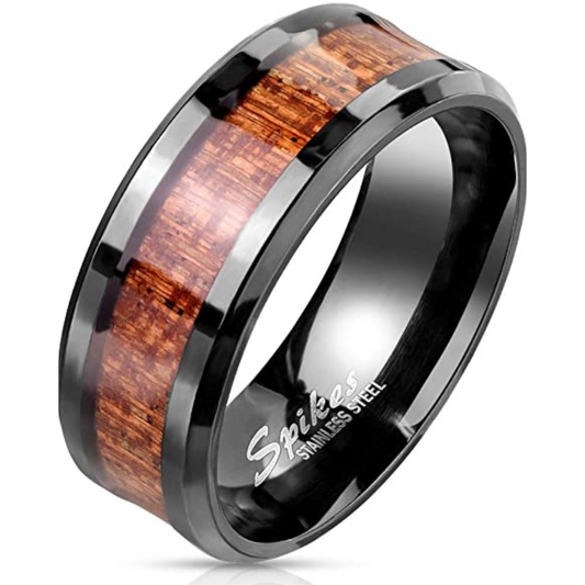 Ring Edelstahl schwarz mit Holz rotbraun