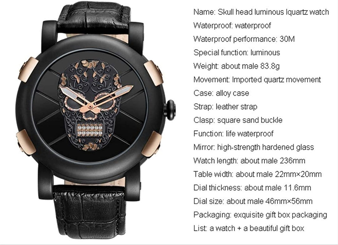 Uhr Totenkopf, Herren-Armbanduhr, Quarzuhr, wasserdicht, schwarz