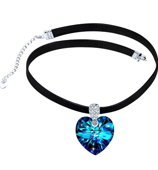 Halskette Herz blau mit Zirkonia Chokerband schwarz Echt Silber